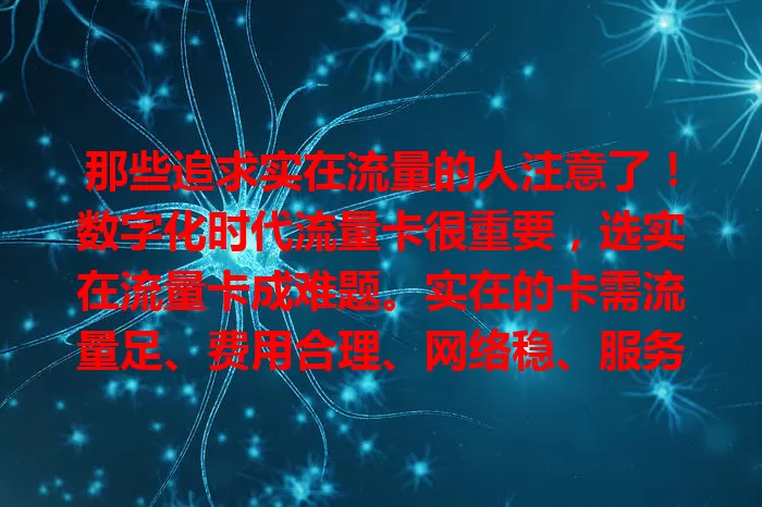 那些追求实在流量的人注意了！数字化时代流量卡很重要，选实在流量卡成难题。实在的卡需流量足、费用合理、网络稳、服务优，要综合考量多方面，选适合的才能畅享便捷上网体验。