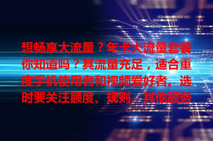 想畅享大流量？年卡大流量套餐你知道吗？其流量充足，适合重度手机使用者和视频爱好者。选时要关注额度、规则、其他服务及网络速度，综合考量挑适合的套餐，上网更便捷。