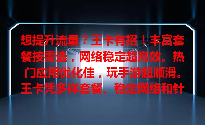 想提升流量？王卡有招！丰富套餐按需选，网络稳定超高效。热门应用优化佳，玩手游超顺滑。王卡凭多样套餐、稳定网络和针对性优化，打造优质流量环境，助你畅游数字世界