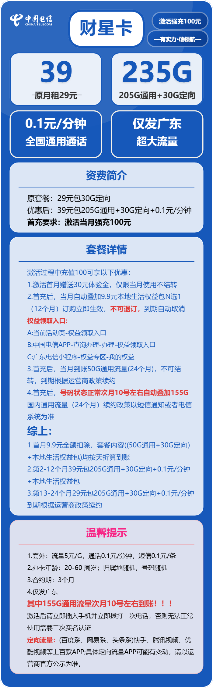 电信财星卡39元月包205G通用流量+30G定向流量+通话0.1元/分钟（第13个月起29元月租，长期套餐，部分流量次月叠加，仅发广东省内）