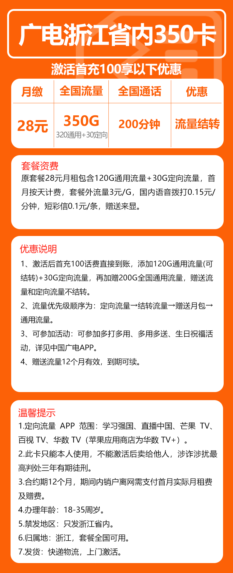 广电浙江省内卡350卡28元月包320G通用流量+30G定向流量+200分钟通话（长期套餐，仅发浙江省内）