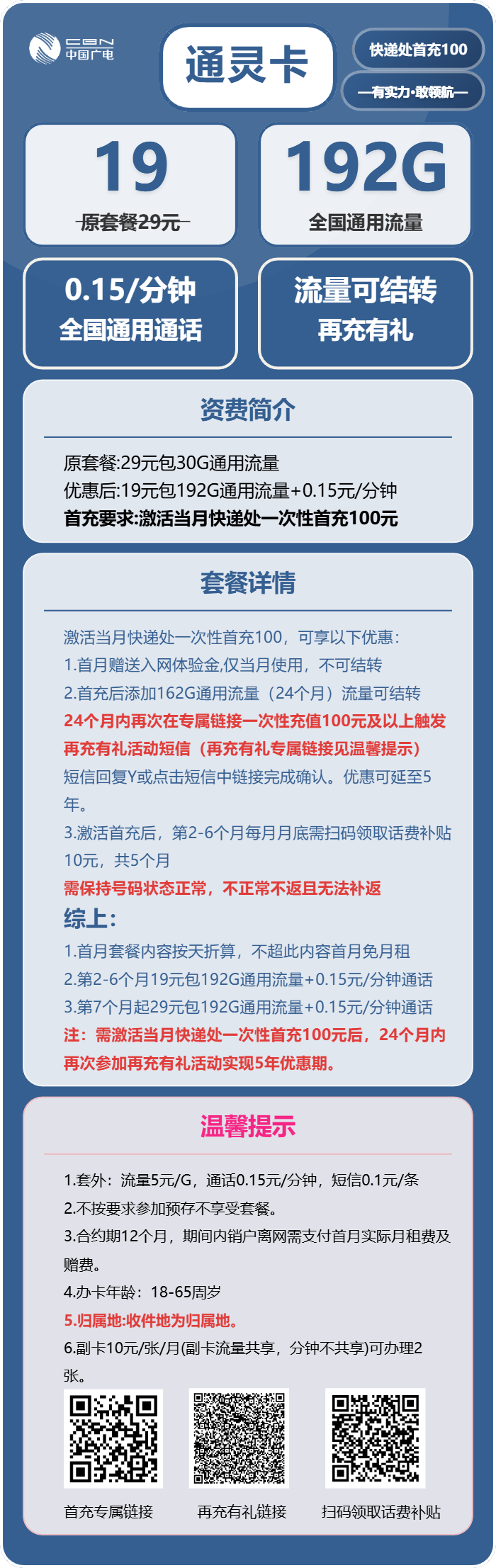 广电通灵卡19元月包192G通用流量+通话0.15元/分钟（第7个月起29元月租，5年套餐，收货地为归属地，可选号）