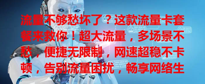 流量不够愁坏了？这款流量卡套餐来救你！超大流量，多场景不愁，便捷无限制，网速超稳不卡顿，告别流量困扰，畅享网络生活！